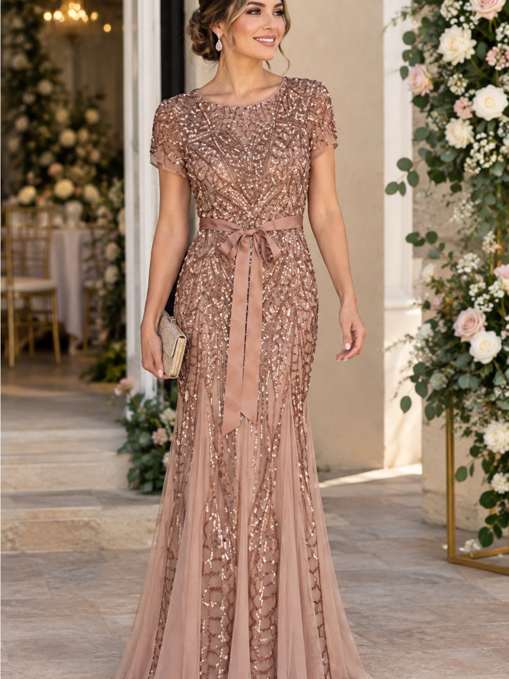 R&M Richards Rose Gold Sequin Maxi Dress with Sashe, size 6p.